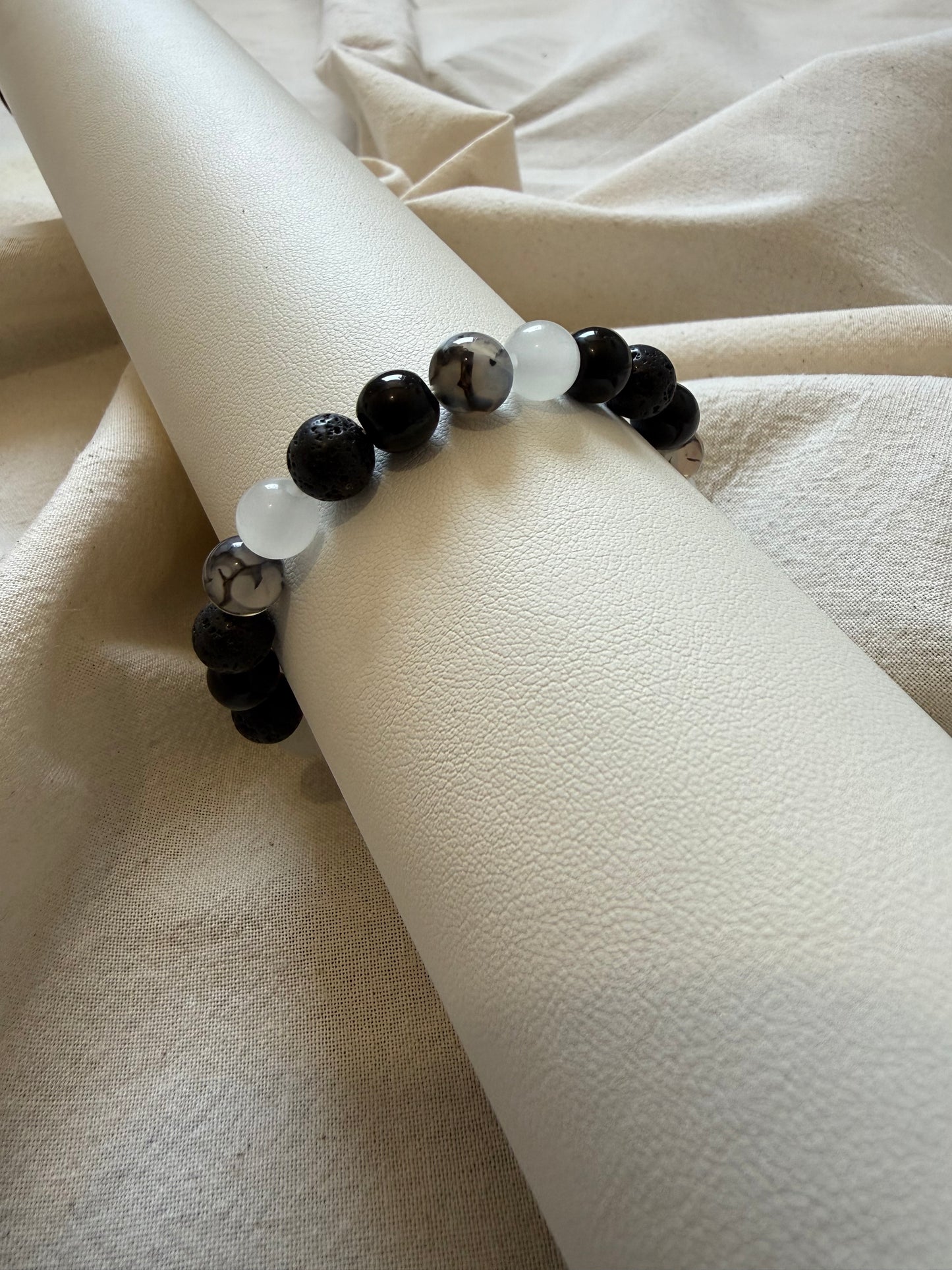Dragon Vein Agate X Lava Stone X White Jade Bracelet