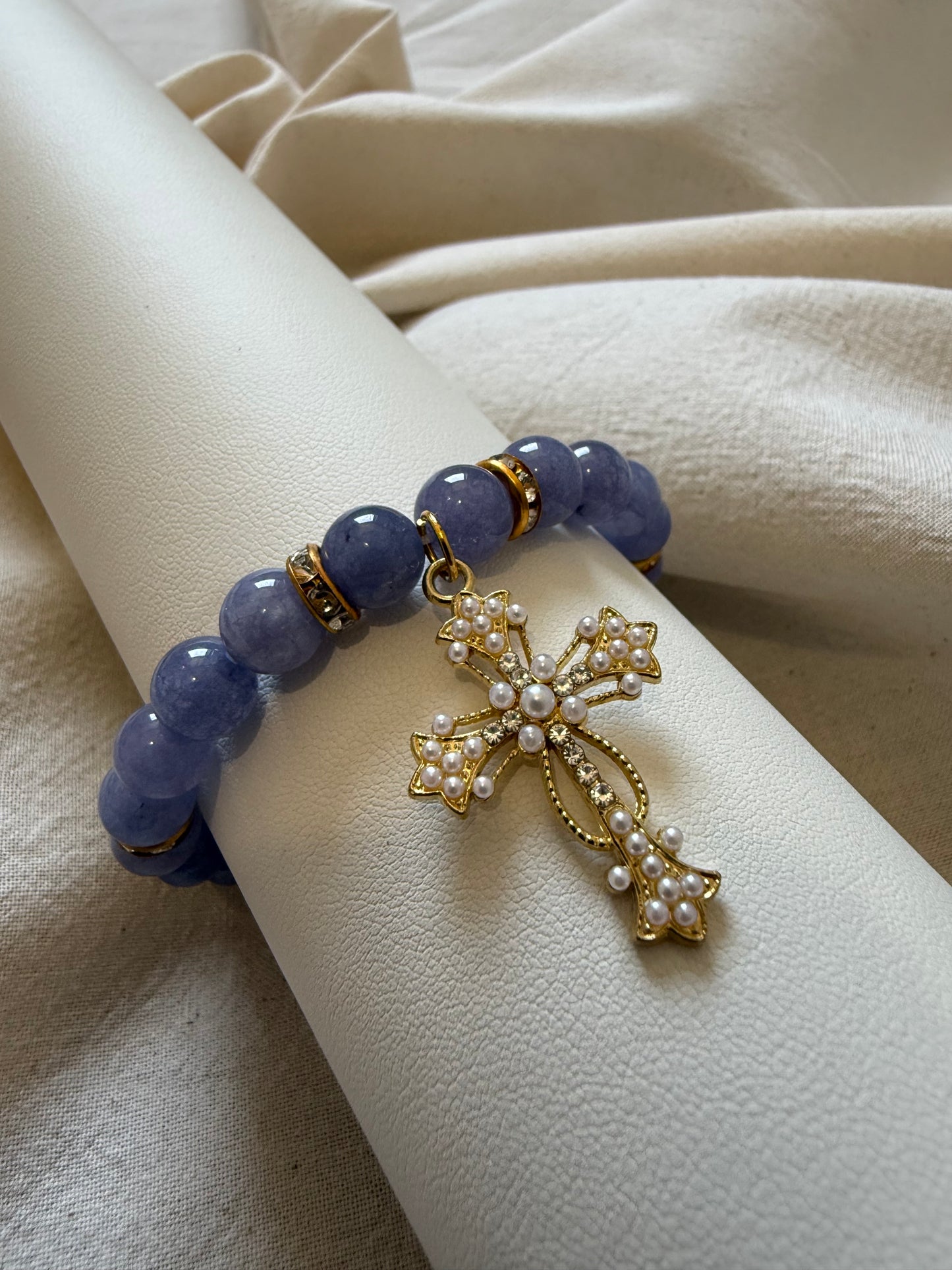 Lavender Jade Pearl Cross Bracelet