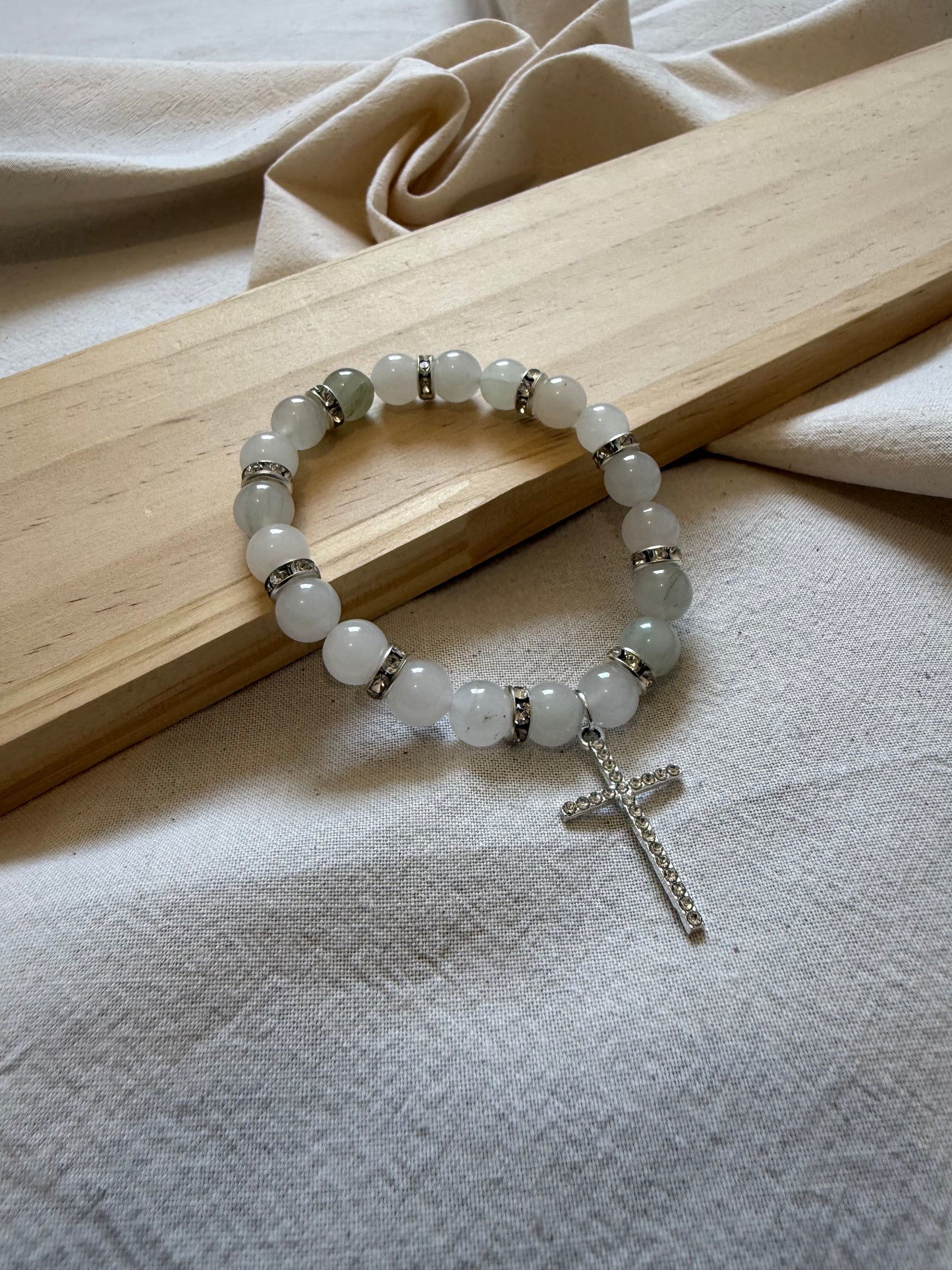 Silver Cross White Mountain Jade Bracelet