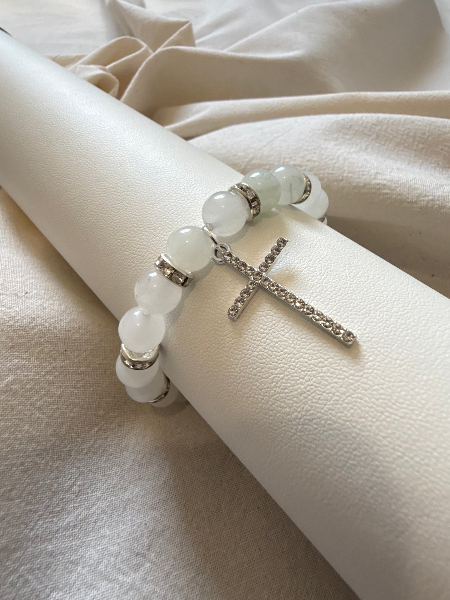 Silver Cross White Mountain Jade Bracelet
