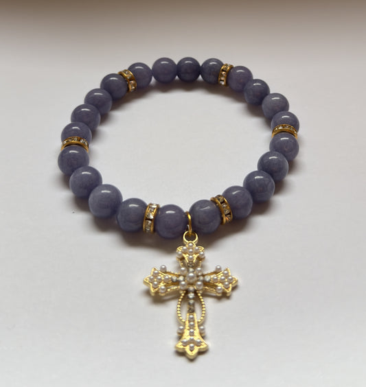 Lavender Jade Pearl Cross Bracelet