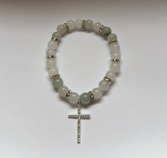 Silver Cross White Mountain Jade Bracelet