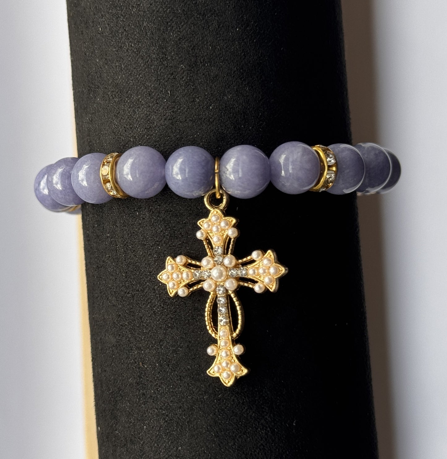 Lavender Jade Pearl Cross Bracelet